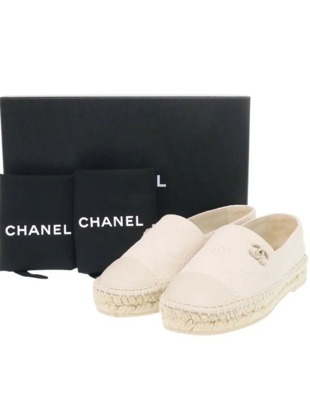 Chanel Espadrilles CC Logo 36 Cotton Lambskin Hemp Beige Flat Shoes